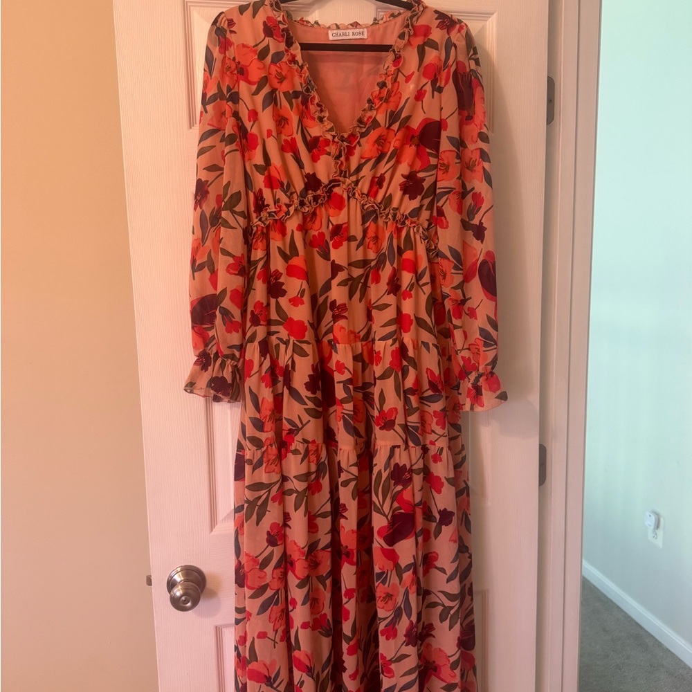 Charli Rose Floral V-Neck Pink Maxi Dress with Floral Print